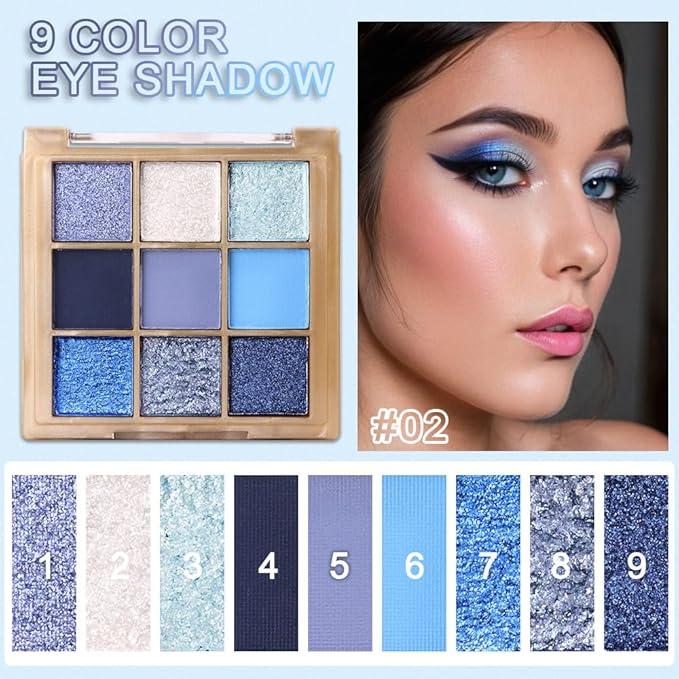 9 Colors Blue Eye Shadow Palettes,Dark Light Royal Cobalt Baby Sky Navy Blue Eyeshadow Palette for Older Women,Natural Powde Travel Size Eye Shadows Waterproof Long Lasting Naturing-Looking