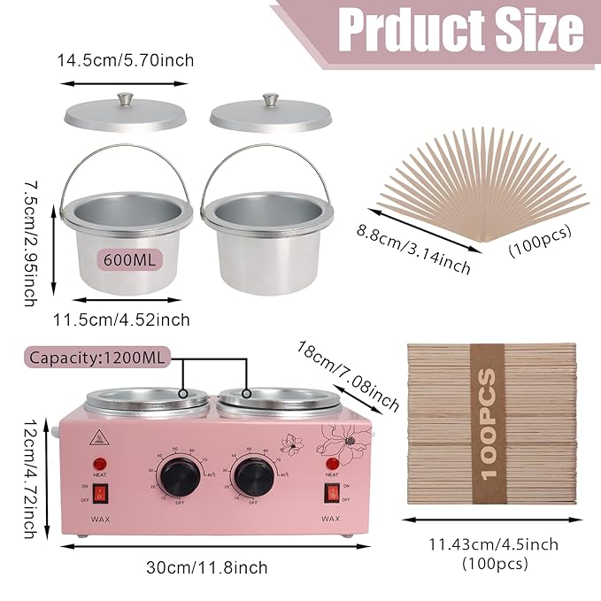 Wax Warmer Double Pot, Professional Electric Heater for Facial, Body, Spa, and Salon, 1.2L Dual Adjustable Temperature with 100 Wooden Craft Sticks, Hair Removal (Pink)