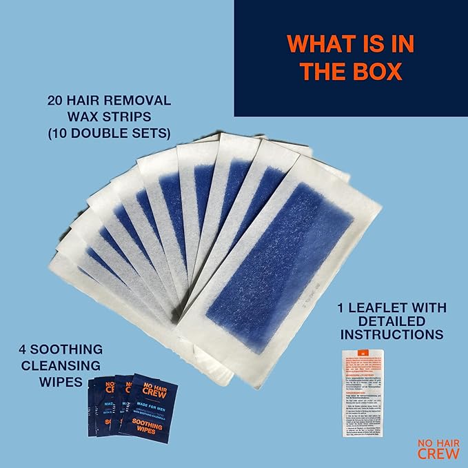 NO HAIR CREW Body Wax Strips – High Performance Wax Strips Made for Men, 20 strips & 4 soothing cleansing wipes
