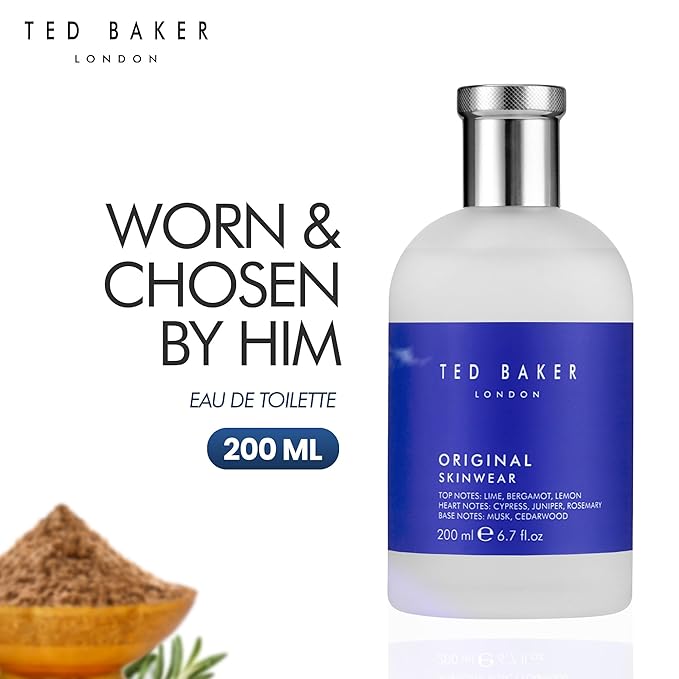 Ted Baker Skinwear EDT, woody masculine fragrance, zesty lime, bergamont and lemon top notes with sandalwood, amber and cedar base notes, 6.76 fl oz