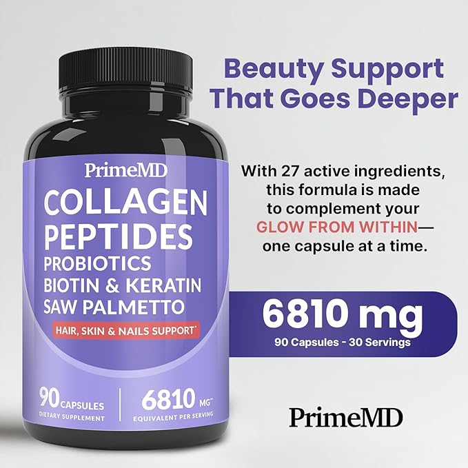 27-in-1 Hair Skin and Nails Vitamins (6810mg) with Biotin 10000mcg - Collagen Supplements for Men and Women - Keratin Supplements with Probiotics and Saw Palmetto, 90ct