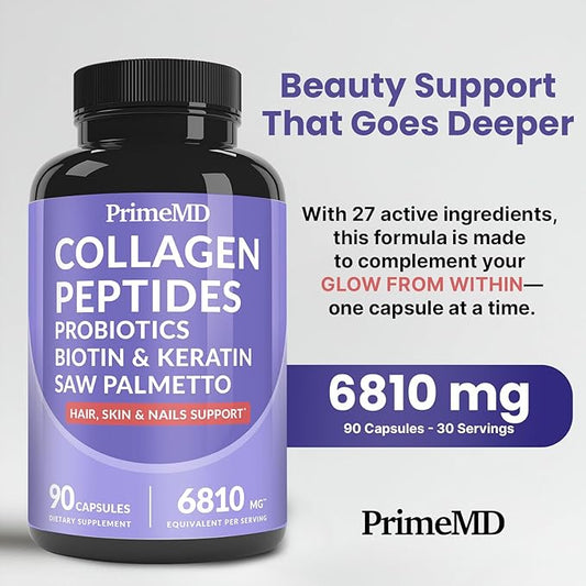 27-in-1 Hair Skin and Nails Vitamins (6810mg) with Biotin 10000mcg - Collagen Supplements for Men and Women - Keratin Supplements with Probiotics and Saw Palmetto, 90ct
