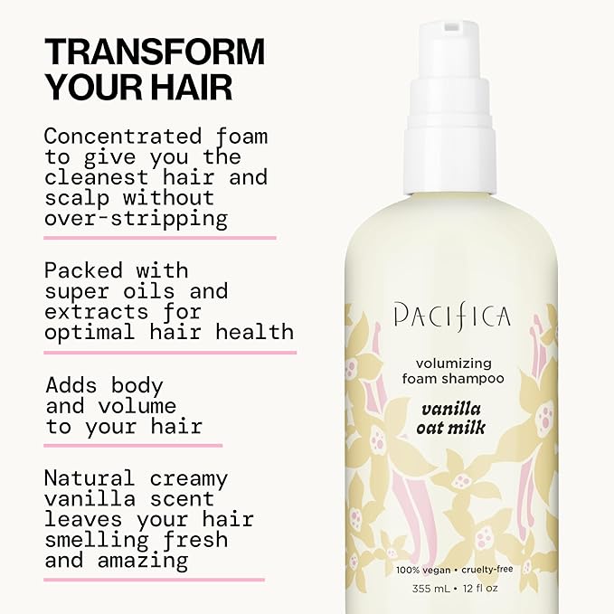 Pacifica Vanilla Oat Milk Volumizing Foam Shampoo – Weightless Foaming Shampoo for Fine or Flat Hair, Adds Volume & Body, Hydrating Oat Milk, Sulfate-Free, Vegan