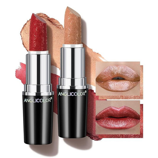 2pcs Nude and Red Glitter Lipstick,High Impact Lipcolor,Lightweight Hydrating Formula Smooth and Non-Sticky,Metallic Lipstick For Women,Full-Coverage Lip Color