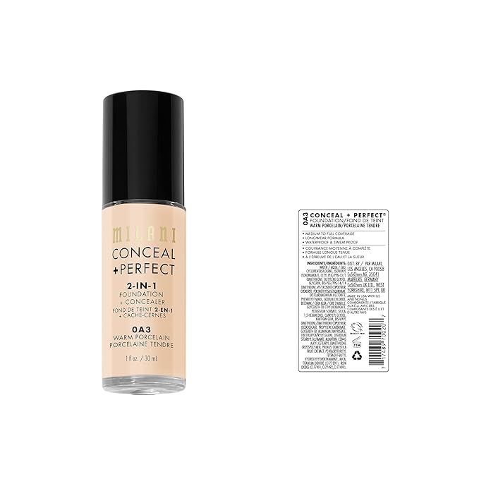 Milani Conceal + Perfect 2-in-1 Foundation + Concealer for a Flawless Complexion, Under Eye Corrector, Cover Redness and Imperfections, Waterproof and Sweatproof - Warm Porcelain