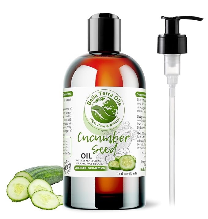 Bella Terra Oils - Cucumber Seed Oil 16oz - A Tribute to Cucumber's Vitality, Packed with Silica & Tocopherols, An Essential for Radiant Skin