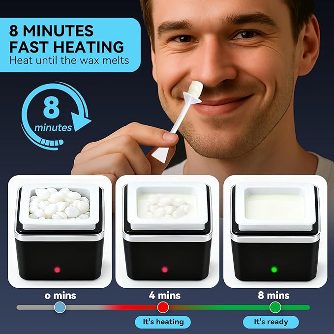 Nose Wax Kit - Portable Ear Nose Hair Waxing Kit for Men and Women with 100g Ｗax Beans, 40 Nose Hair Sticks, 10 Applicators, 10 Mustache & 10 Ear Protectors, Wax Warmer Kit for Hair Removal - White