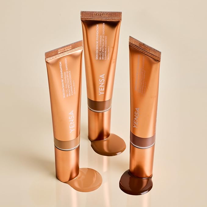 YENSA Skin on Skin BC Foundation Makeup - CC, BB Cream & Full Coverage Foundation-In-One - Buildable, Radiant Finish with SPF 40, Hyaluronic Acid, Peptides & 8 SuperBlacks - Fair Cool (1 oz)