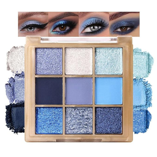 9 Colors Blue Eye Shadow Palettes,Dark Light Royal Cobalt Baby Sky Navy Blue Eyeshadow Palette for Older Women,Natural Powde Travel Size Eye Shadows Waterproof Long Lasting Naturing-Looking
