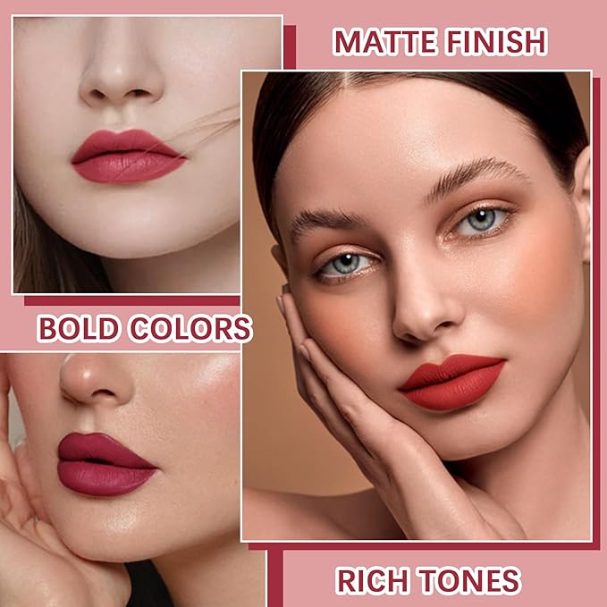 Queen Diary 4PCS Velvet Matte Lipstick for Women, Ash Pink Orange Toned Positive Red Black Tea Oxblood Rose Violet Lip Stain，Waterproof Lipstick Long Lasting Makeup Gift Sets (Set B)