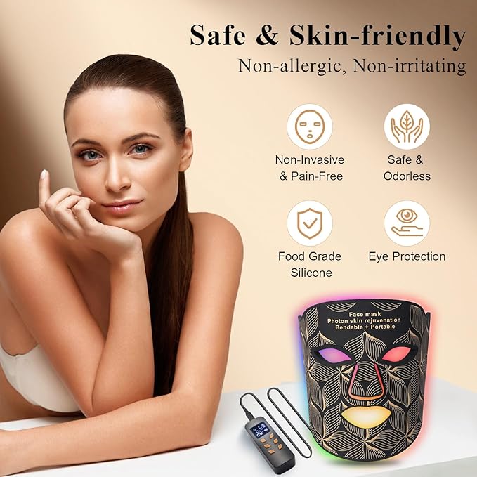 Red Light Therapy for Face, 7＋1 Colors LED Face Mask Light Therapy with 850NM Near-infrared, Portable Rechargeable Red Light Therapy Mask Skin Care Device at Home and Travel for Anti-Aging, Black