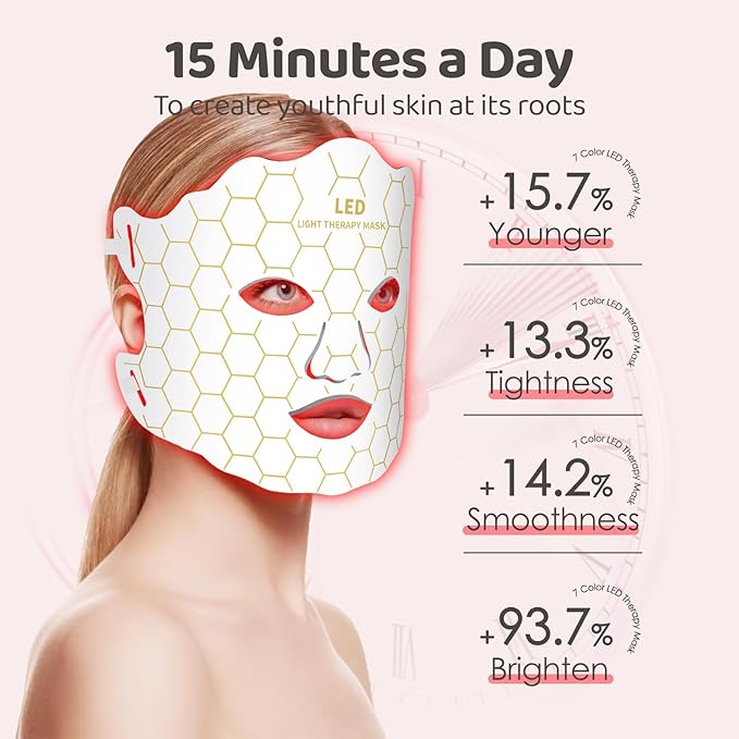 Yahi Red Light Photon Facial & Neck Mask with Remote Control, 7 Custom Modes with Infrared, Portable & Rechargeable with Timer for Home Use, 175 High-Density Light Beads, White