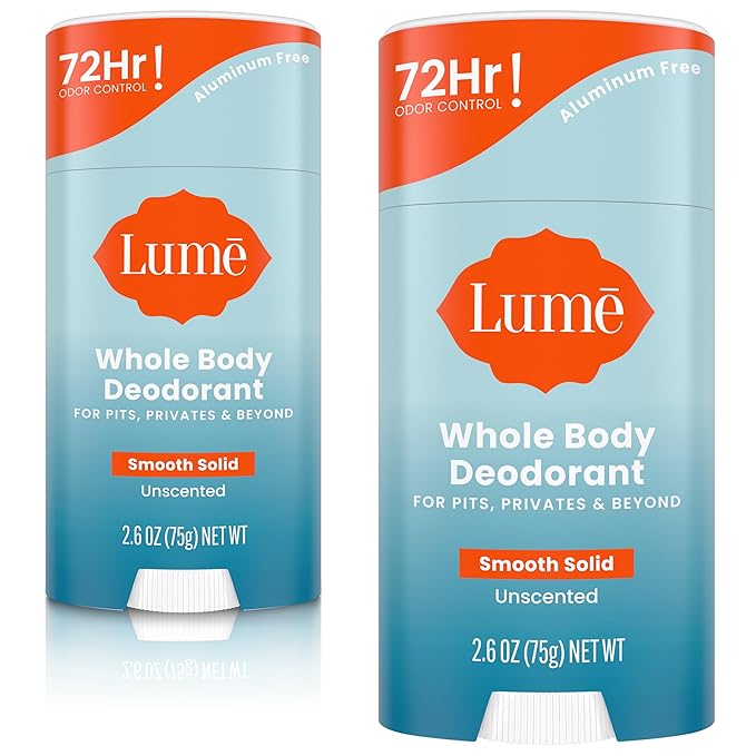 Lume Whole Body Deodorant - Smooth Solid Stick - 72 Hour Odor Control - Aluminum Free, Baking Soda Free and Skin Safe - 2.6 Ounce (Pack of 2) (Unscented)