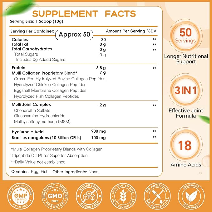 NATURE TARGET Multi-Collagen-Peptides-Powder for Joint Support, Hydrolyzed Collagen for Women Men with MSM + GC, Type I II III V X Collagen for Skin Hair & Nail, Non-GMO, 50 Servings