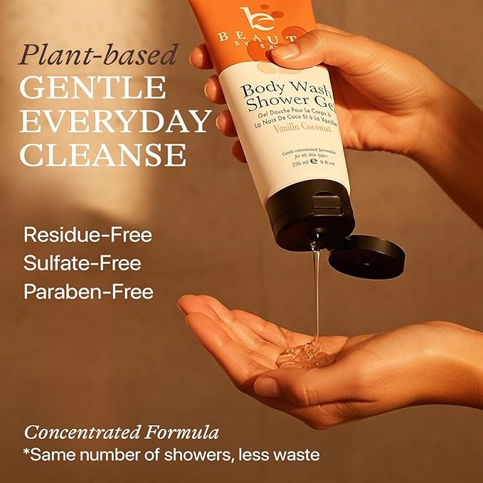 Vanilla Coconut Shower Gel Body Wash - USA Made with Organic & Natural Ingredients, Moisturizing Cleansing Gel for Women, Gentle & Non Toxic Daily Wash for Sensitive Skin, Clean Body Soap Liquid