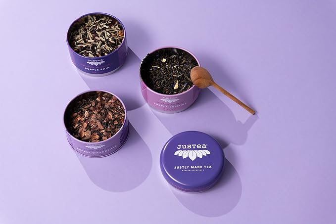JusTea PURPLE TEA TRIO | 3 Flavour Tin Variety Pack with Hand Carved Tea Spoon| 45+ Cups of Loose Leaf Tea | Very Low Caffeine | Fair Trade | Non-GMO