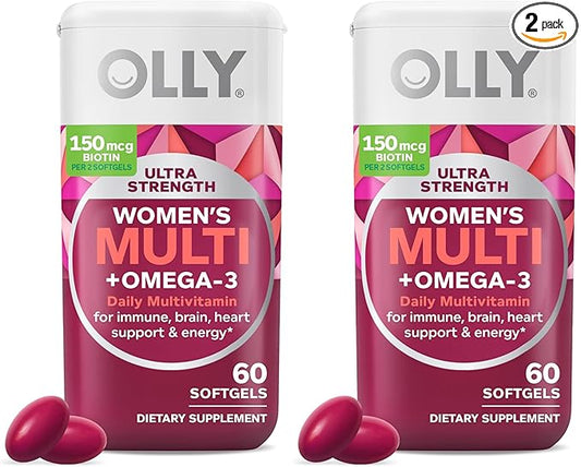 OLLY Ultra Women's Multi Softgels, Overall Health and Immune Support, Omega-3s, Iron, Vitamins A, D, C, E, B12, Daily Multivitamin, 30 Day Supply - 60 Count (Pack of 2)