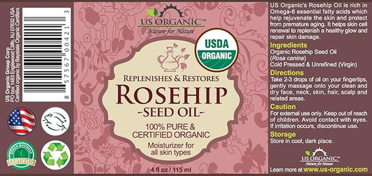 US Organic Rosehip Seed Oil, USDA Certified Organic, Cold Pressed, Virgin Organic, Amber Glass Bottle and Glass Eyedropper for Easy Application - 4 oz (115 ml)