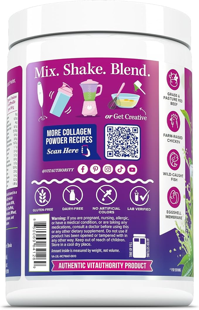 Muti Collagen Protein Powder Multi Collagen Peptides Powder for Women -Types I II III V & X Vitamin C & Hyaluronic Acid for Hair Skin and Nails Matcha Flavored - 30 Servings