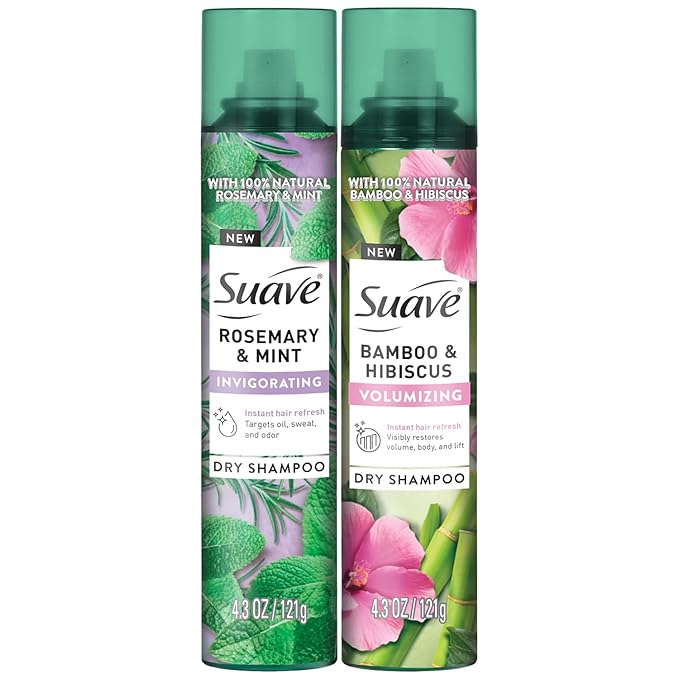 Suave Dry Shampoo Spray Variety 2-Pack – Invigorating Rosemary & Mint + Volumizing Bamboo & Hibiscus, 4.3 Oz Ea