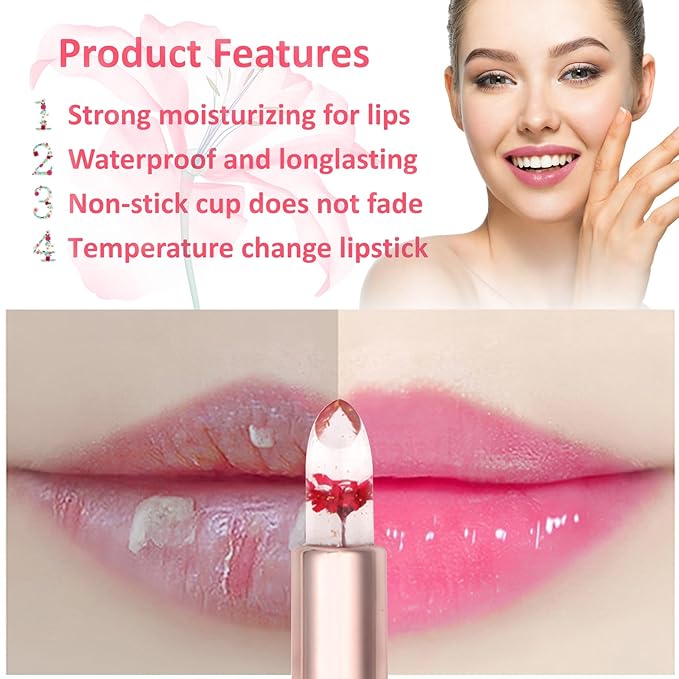 2 Pack Crystal Flower Jelly Lipstick,Magic Color Changing Lipstick,PH Clear Temperature Color Changing Lip Gloss,Lip Balm,Long Lasting Nourishing Moisturizing Lip Stick Set D02+03