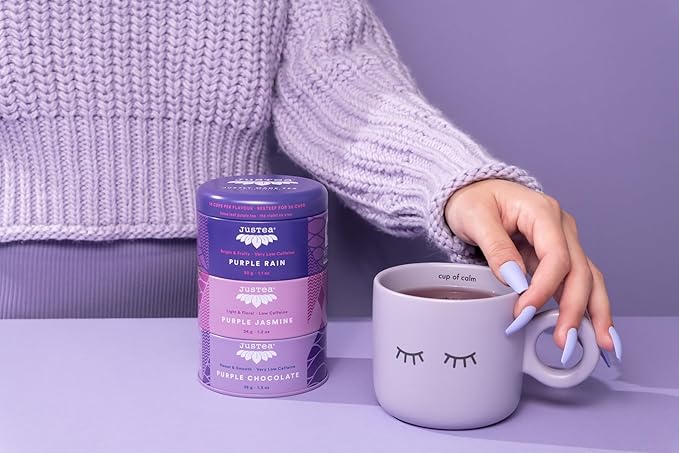 JusTea PURPLE TEA TRIO | 3 Flavour Tin Variety Pack with Hand Carved Tea Spoon| 45+ Cups of Loose Leaf Tea | Very Low Caffeine | Fair Trade | Non-GMO