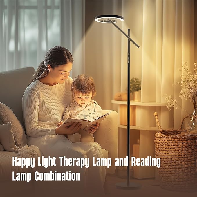 GLOWRIUM-H1B Light Therapy Lamp 12000 Lux, LED UV-Free Sun Lamp, Full Spectrum Happy Natural Mood Therapy Light, Stepless Dimmable Modern Sunlight Floor Light with Remote and Timer