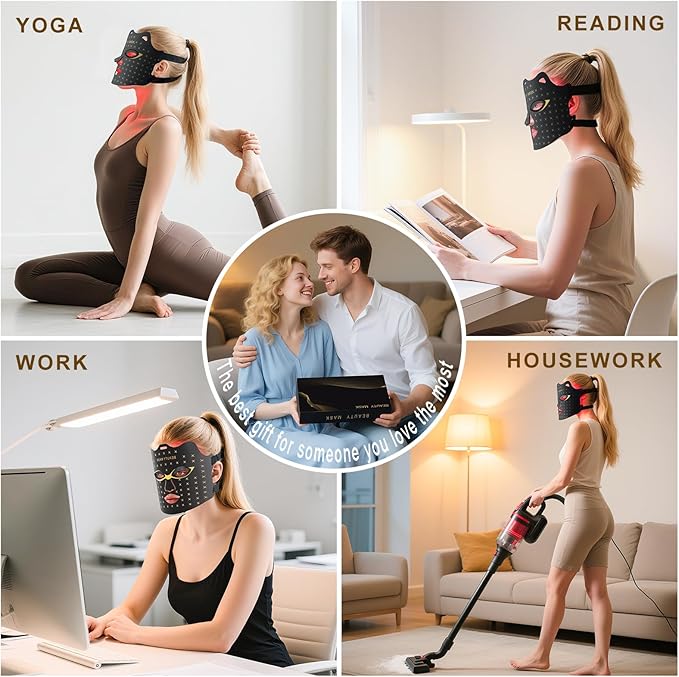 Red Light Therapy for Face, Portable Led Face Mask Light Therapy with Rechargeable Remote, 7 Light Mode with 850nm NIR, Red Light Therapy at Home (Black)