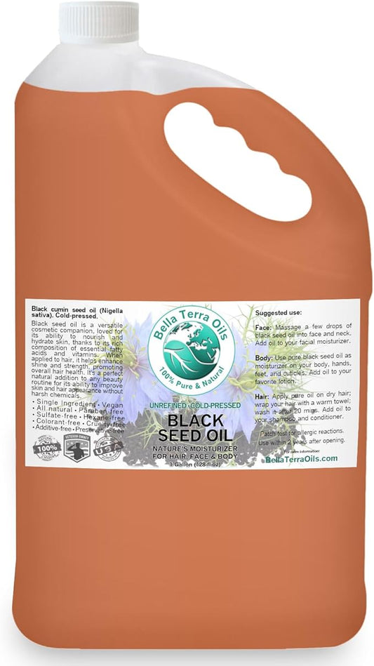 Bella Terra Oils Black Seed Oil – 1 gallon, Antioxidant-Rich, Enhances Skin Glow & Hair Luster