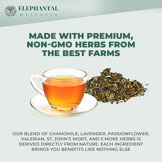 Elephantal Wellness Nerve Ease Herbal Tea | Calming Nervous System Support with Chamomile Tea, Passionflower, Lemon Balm Tea, Valerian & St. John’s Wort | Loose Leaf, Caffeine-Free, 2oz, 20 Servings