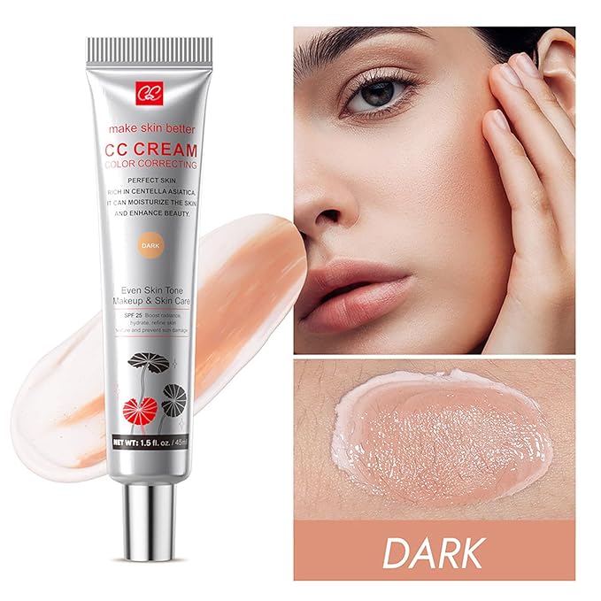 Color Correcting CC Cream with SPF 25, Coverage Lightweight Foundation, Invisible Pores,Rich In Centella Asiatic,Hydrating Serum,Refine Skin Texture, Avoid Sun Damage (Dark, Dark)