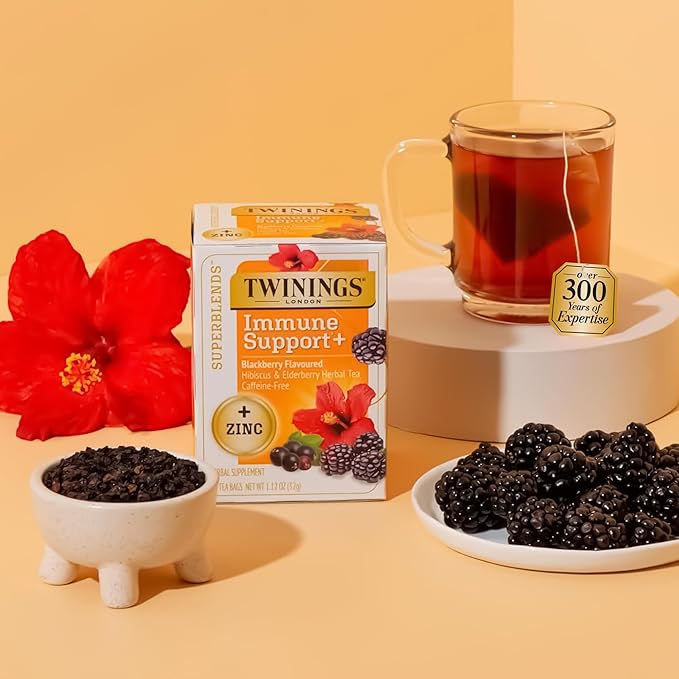 Twinings Superblends Immune Support+ Zinc Blackberry Flavoured Hibiscus, Elderberry Herbal, Naturally Caffeine-Free, 16 Tea Bags (Pack of 6), Enjoy Hot or Iced, 96 Teabags