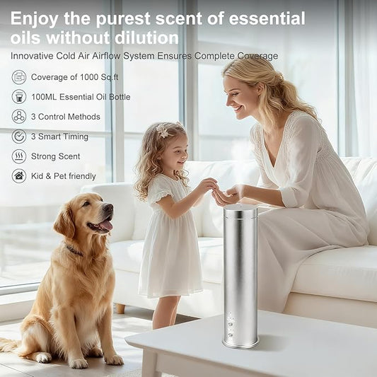 Waterless Essential Oil Diffuser Large Room Scent Diffuser for Home, Office, Hotel and Spas - Aromatherapy Diffuser Fragrance Oil Machine, Remote Control, Timer, Silver