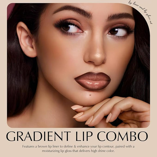 Brown Lip Liner and Gloss Kit, Matte Lip Liner Pencil with Silicone Brush for Lips Contour, Moisturizing Lightweight Non-Sticky Lip Gloss for Women High Shine Liquid Lipstick Makeup, Set C8