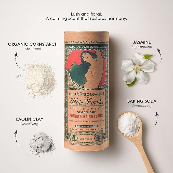 Non-aerosol Dry Shampoo Powder for Dark, Blonde and Oily Hair, All Natural Shampoo Body Powder for Women and Men, Paraben & Talc free No White Cast Synthetic Fragrance, Jasmine - 4oz