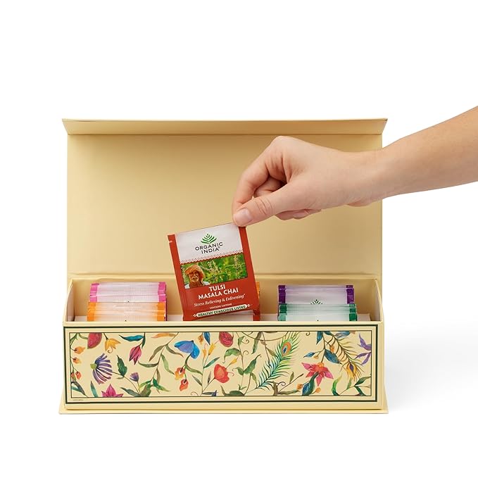 Organic India Tea Sampler Box Variety Pack - Tulsi Herbal Tea Gift Set, Hot Tea Assortment, Holy Basil, Ashwagandha, Turmeric Ginger, Sweet Rose, Original, Sleep, Masala Chai - 60 Tea Bags