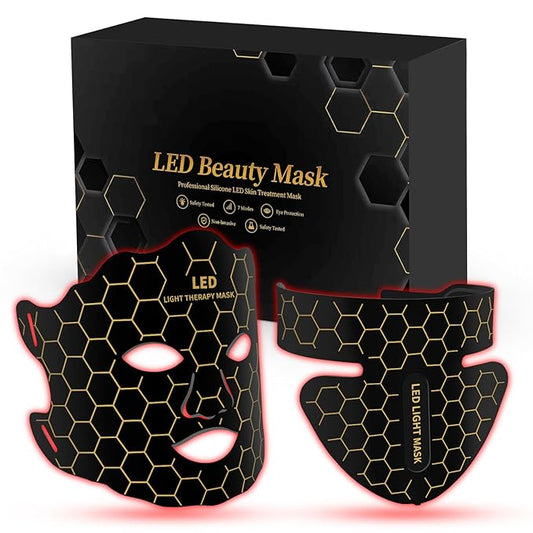 Yahi Red Light Photon Facial & Neck Mask with Remote Control, 7 Custom Modes with Infrared, Portable & Rechargeable with Timer for Home Use, 175 High-Density Light Beads, Black