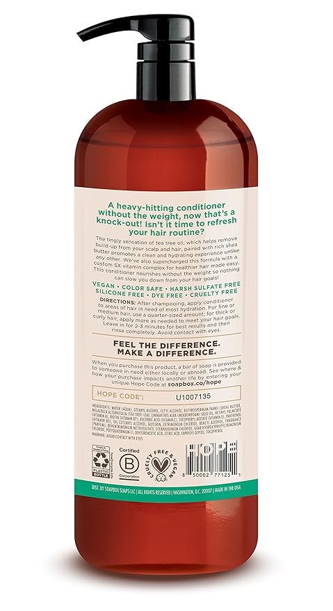 Soapbox Tea Tree Conditioner, Harsh Sulfate Free, Paraben Free, Silicone Free, Color Safe, and Vegan Hair Conditioner (33.8 Ounces)