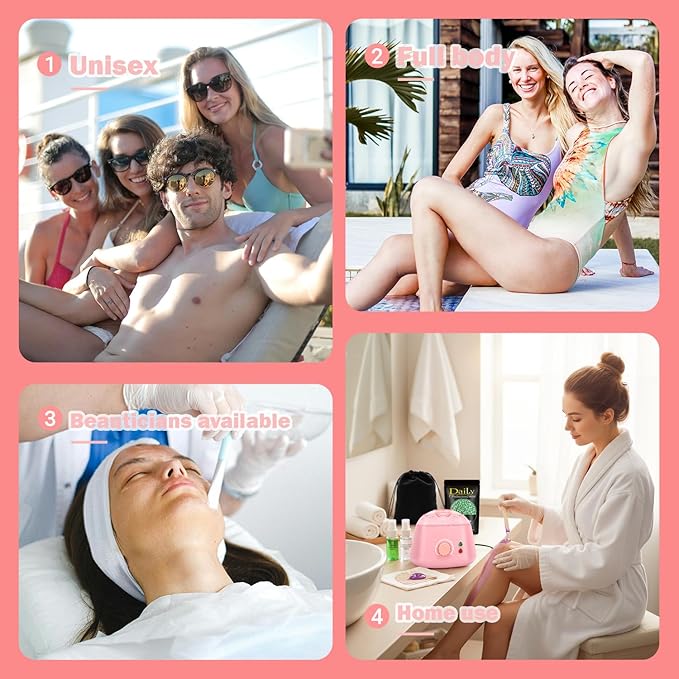Wax Warmer Kit for Hair Removal - Hard Wax Kit for Sensitive Skin with Silicone Liner, 4 Bags Wax Beans - For Women Men, Face, Bikini, Brazilian, Body, Legs, Home Salon. (PINK)