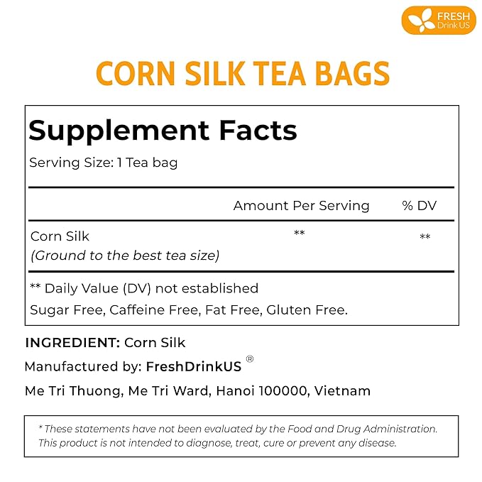 FreshDrinkUS, Premium 40 Tea Bags Corn Silk Tea, 100% Natural & Pure from Corn Silk. Corn Silk Herbal Tea. Clean Ingredients. Made with Natural Material Tea Bags. No Sugar, No Caffeine, Vegan. (40 Tea bags Corn Silk)