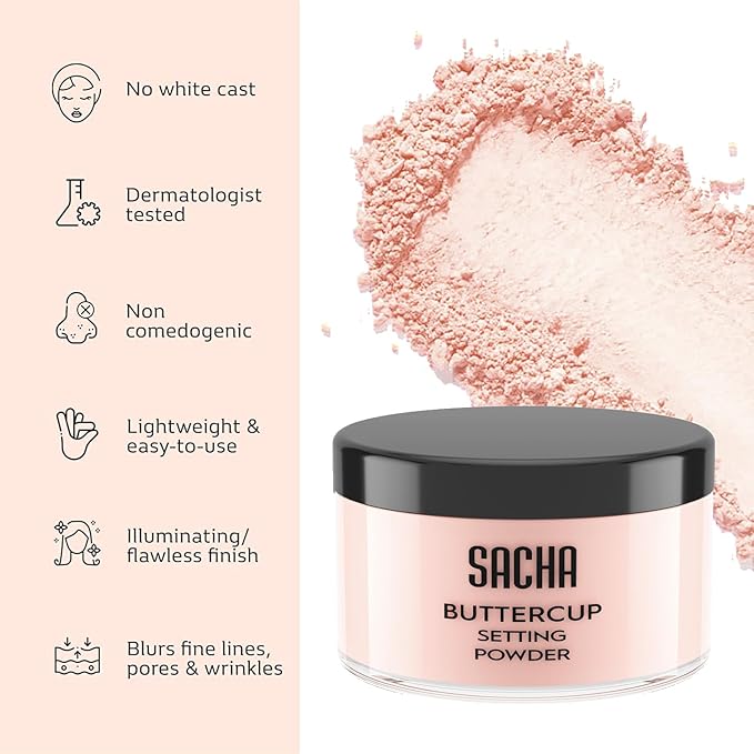 Sacha BUTTERCUP Rosé Setting Powder. No Ashy Flashback. Blurs Fine Lines and Pores. Loose, Translucent Face Powder to Set Makeup Foundation or Concealer. For All Skin Tones, 1.75 oz.