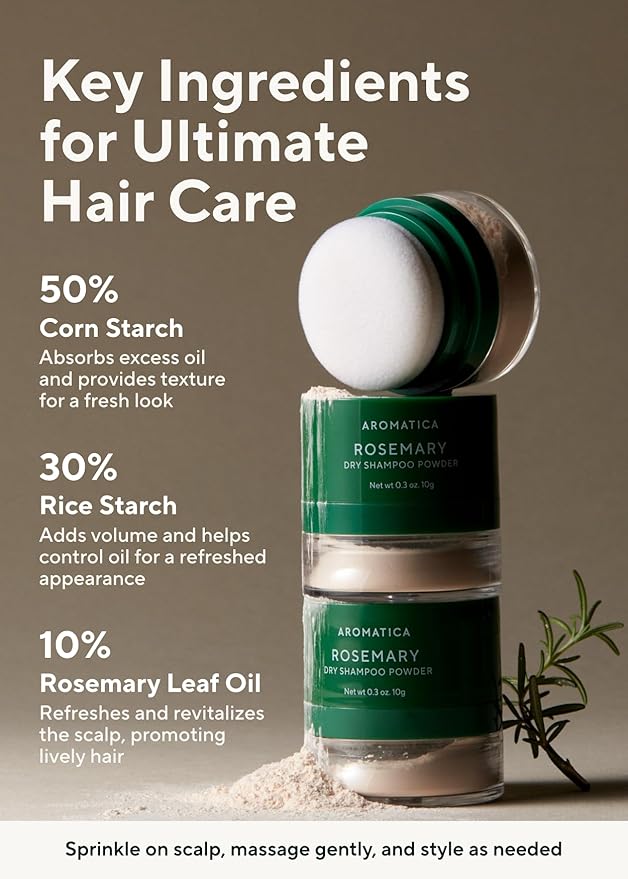 AROMATICA Rosemary Dry Shampoo Powder - Travel Size Dry Shampoo with Panthenol and Biotin for Hair | Volumizing, Non Aerosol & Talc Free, Korean hair care, dry shampoo for women (10g/0.3oz)