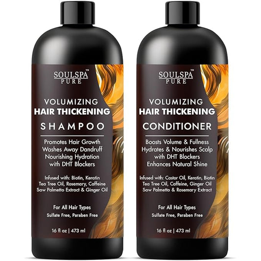 Hair Thickening Shampoo and Conditioner Set - Volumizing & Growth Support with DHT Blockers, Biotin, Keratin, Tea Tree Oil, Caffeine, Saw Palmetto Extract - Men & Women - 16 fl oz Each