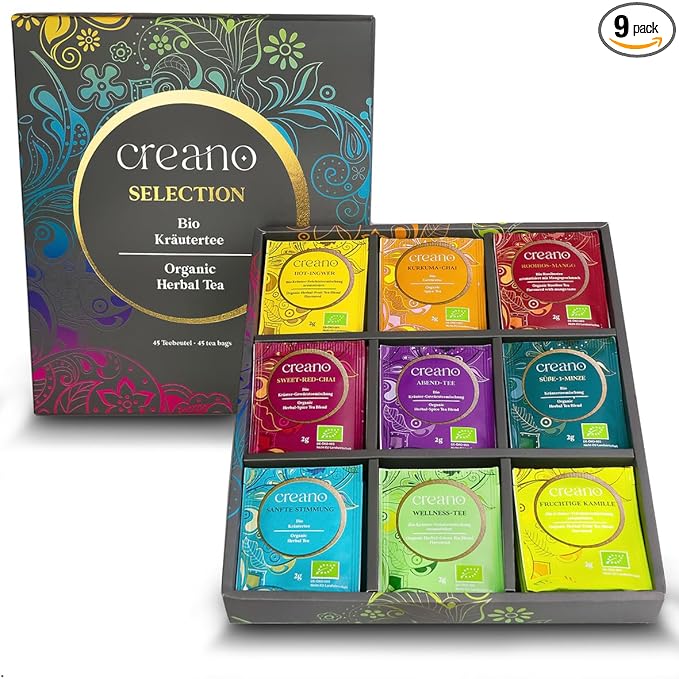 Creano Organic Herbal Tea Gift Set Grey - 45 Organic Tea Bags in 9 Different Varieties - 90 g