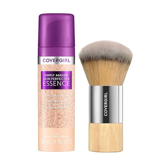 Covergirl Simply Ageless 20 Light Foundation, Blending Brush - Skincare Makeup with Bakuchiol & Tranexamic Acid Reduces Fine Lines & Fades Dark Spots