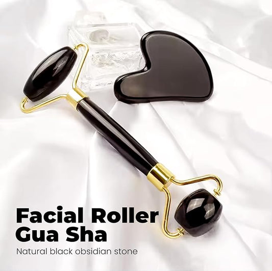 ROSELYNBOUTIQUE Gua Sha Facial Tools & Face Roller Original Face Massager for Puffiness Wrinkless Skin Care Routine - Self Care Gift for Men Women (Black Obsidian)