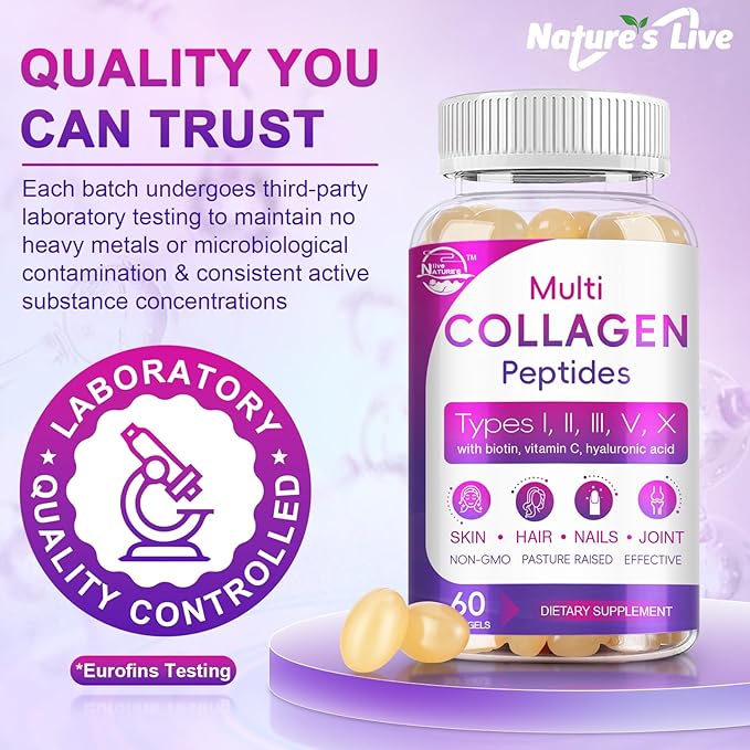 Multi Collagen Peptides Softgel - Type I, II, III, V, X - Hydrolyzed Collagen Peptides with Biotin, Vitamin C, Hyaluronic Acid, Supports Skin Hair Nail, Grass-Fed, Non-GMO, 60 Softgel, 2 Pack