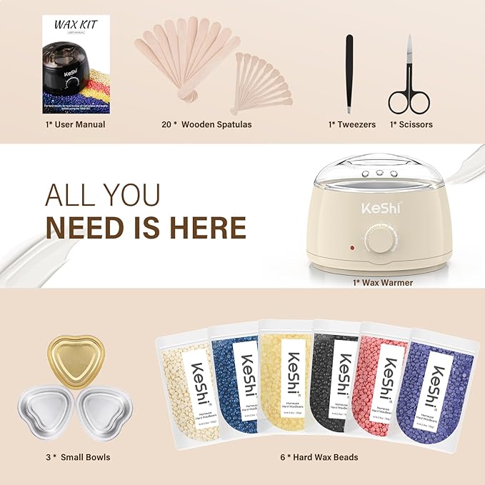 KeShi Waxing Kit, Painless Hair Removal Wax Warmer with 6 Bags Hard WaxBeans for Full Body, Legs, Face, Eyebrows & Bikini— Ideal for Both Women & Men(Cream)