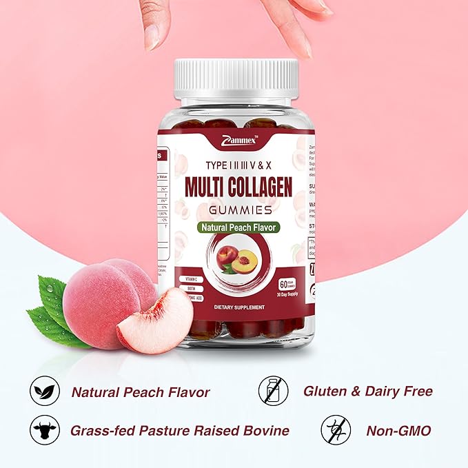 Zammex Multi Collagen Peptides Gummies (Type 1, 2, 3, 5 & 10), 30 Servings, Anti-Aging Collagen Gummy Supplements for Women&Men with Biotin Vitamin C, Hyaluronic Acid, Peach Flavor