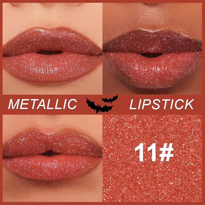 Kaely Glitter Metallic Lipstick, Shimmer Metallic Lipsticks for Women, High Pigmented Lip Gloss Long Lasting Waterproof Smudge Proof, Halloween Makeup, Vegan & Cruelty-Free, 11